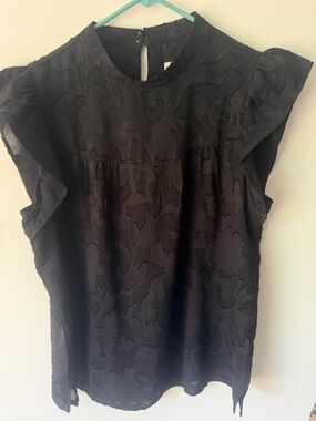 LOFT Black Floral Jacquard Ruffle Sleeve Blouse
